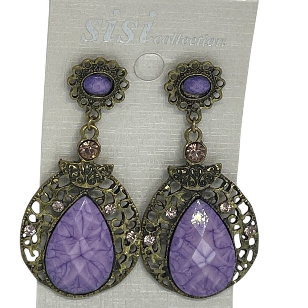 Gold Tone Faux Turquoise Filigree Drop Earrings Style Fashion Open Work Elegant